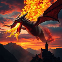 A cinematic movie poster depicting a majestic fire-breathing dragon soaring through a dramatic twilight sky