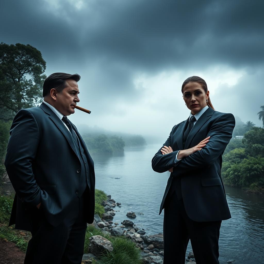 A captivating scene from a crime movie titled "La Mafia del Río" featuring a tense confrontation between two mafia leaders beside a picturesque river