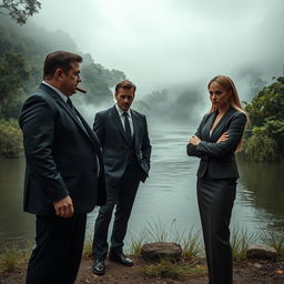 A captivating scene from a crime movie titled "La Mafia del Río" featuring a tense confrontation between two mafia leaders beside a picturesque river