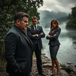 A captivating scene from a crime movie titled "La Mafia del Río" featuring a tense confrontation between two mafia leaders beside a picturesque river