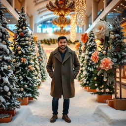 A portrait of a person standing in a winter-themed indoor shopping mall