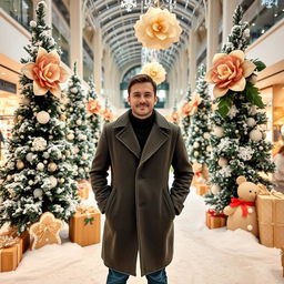 A portrait of a person standing in a winter-themed indoor shopping mall