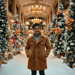 A portrait of a person standing in a winter-themed indoor shopping mall