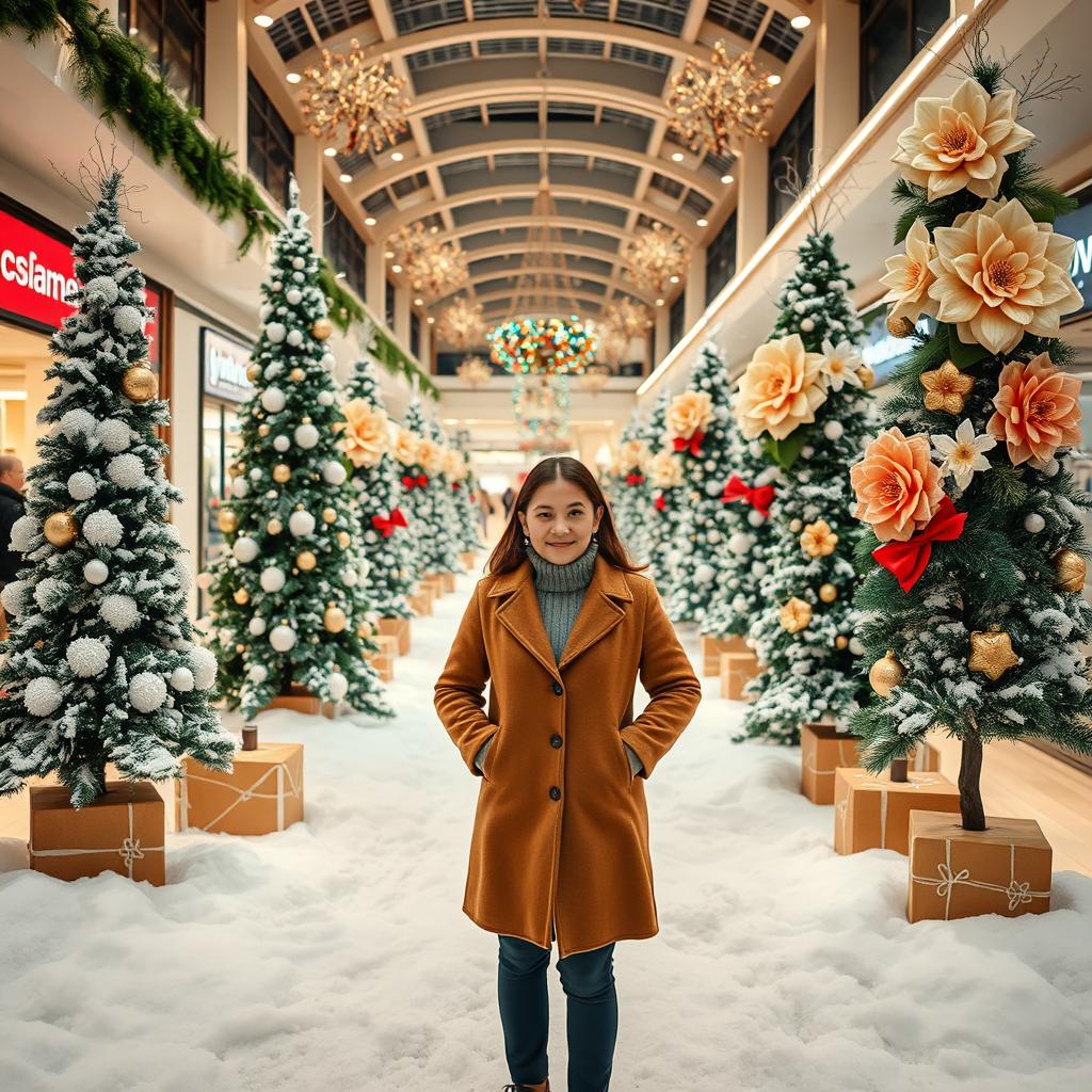 A portrait of a person standing in a winter-themed indoor shopping mall