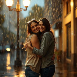 A romantic scene with two people in the middle of a rain shower, embracing lovingly