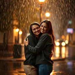 A romantic scene with two people in the middle of a rain shower, embracing lovingly