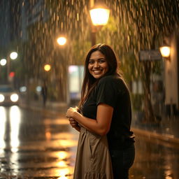 A romantic scene with two people in the middle of a rain shower, embracing lovingly