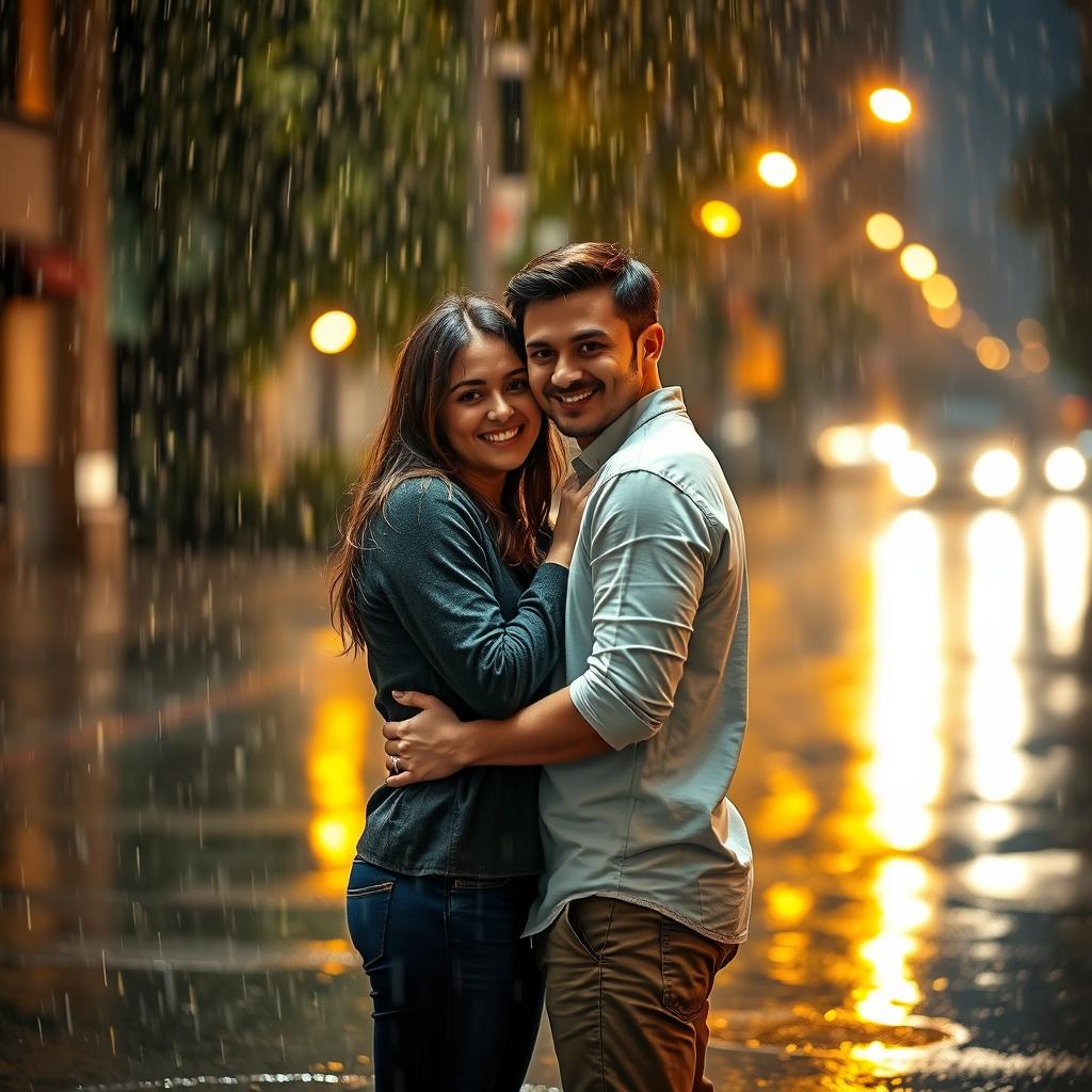 A romantic scene with two people in the middle of a rain shower, embracing lovingly