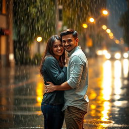 A romantic scene with two people in the middle of a rain shower, embracing lovingly