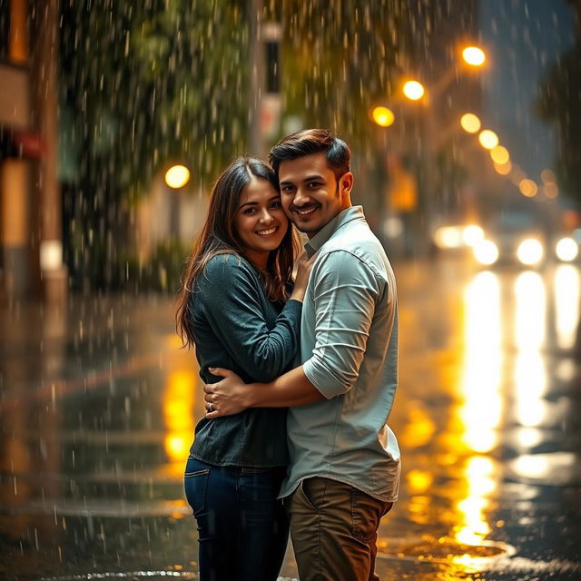 A romantic scene with two people in the middle of a rain shower, embracing lovingly