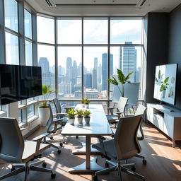 a modern and pleasant workspace with sleek furniture, bright natural lighting, and ergonomic chairs