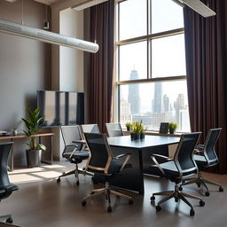 a modern and pleasant workspace with sleek furniture, bright natural lighting, and ergonomic chairs