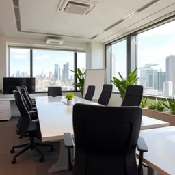 a modern and pleasant workspace with sleek furniture, bright natural lighting, and ergonomic chairs