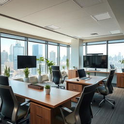 a modern and pleasant workspace with sleek furniture, bright natural lighting, and ergonomic chairs