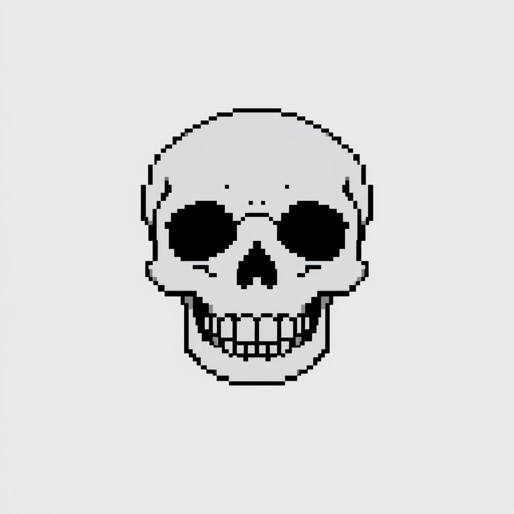 A minimalist pixel art skull, utilizing a monochrome color palette with subtle grayscale tones