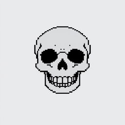 A minimalist pixel art skull, utilizing a monochrome color palette with subtle grayscale tones