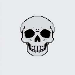 A minimalist pixel art skull, utilizing a monochrome color palette with subtle grayscale tones