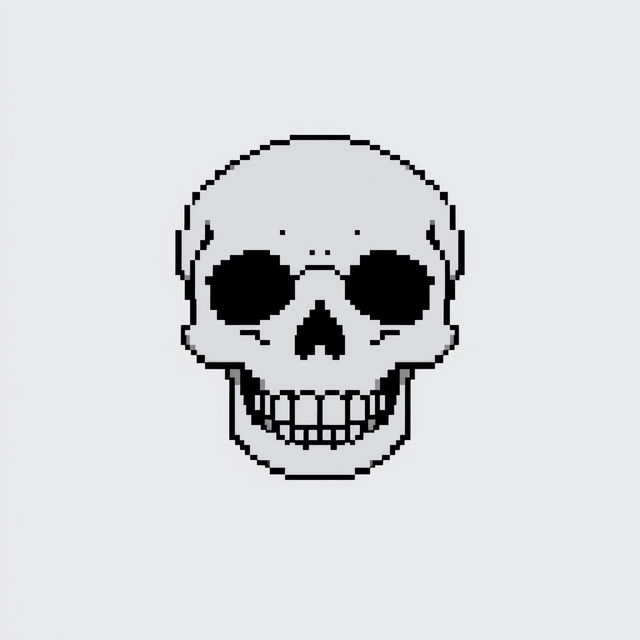 A minimalist pixel art skull, utilizing a monochrome color palette with subtle grayscale tones