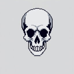 A minimalist pixel art skull, utilizing a monochrome color palette with subtle grayscale tones