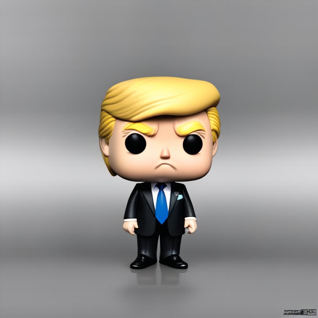 Funko Pop style caricature of a sad Donald Trump in his signature suit and tie.