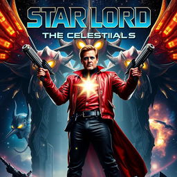 A movie poster featuring Star-Lord standing heroically, surrounded by towering Celestials in a cosmic background