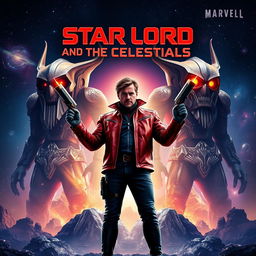 A movie poster featuring Star-Lord standing heroically, surrounded by towering Celestials in a cosmic background