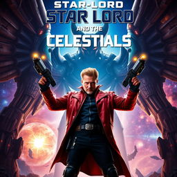 A movie poster featuring Star-Lord standing heroically, surrounded by towering Celestials in a cosmic background