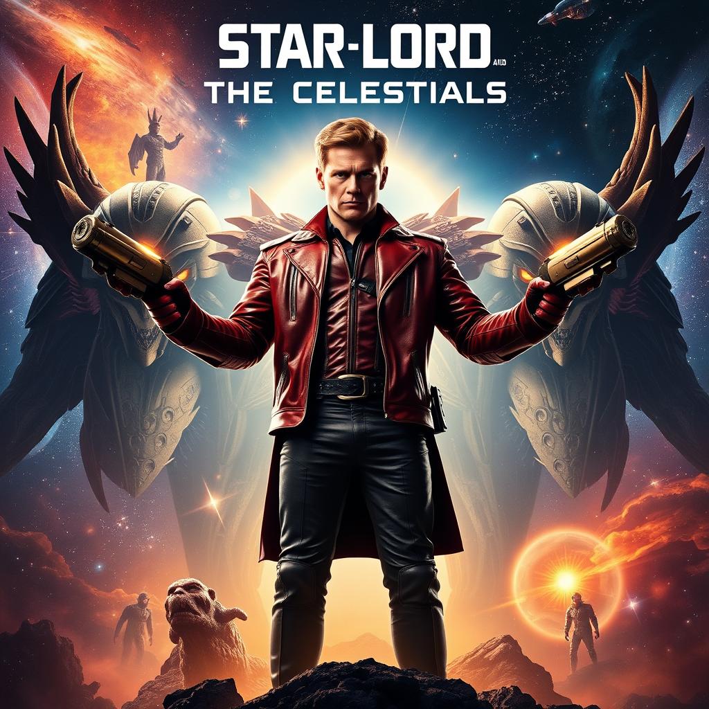 A movie poster featuring Star-Lord standing heroically, surrounded by towering Celestials in a cosmic background