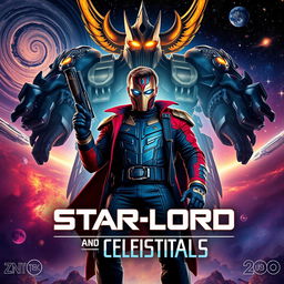 Epic movie poster featuring Star-Lord, a charismatic space adventurer, standing boldly with a confident stance and his iconic mask, blasters in hand