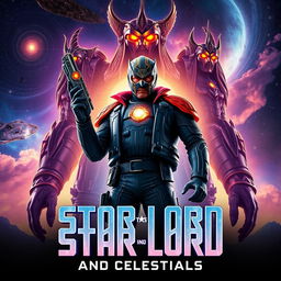 Epic movie poster featuring Star-Lord, a charismatic space adventurer, standing boldly with a confident stance and his iconic mask, blasters in hand