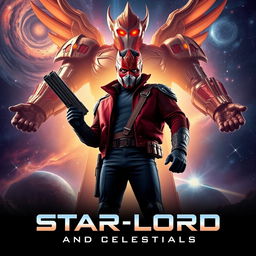 Epic movie poster featuring Star-Lord, a charismatic space adventurer, standing boldly with a confident stance and his iconic mask, blasters in hand