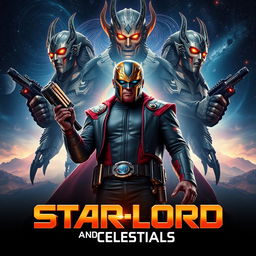 Epic movie poster featuring Star-Lord, a charismatic space adventurer, standing boldly with a confident stance and his iconic mask, blasters in hand