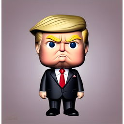 Funko Pop style caricature of a sad Donald Trump in his signature suit and tie.