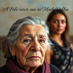 An elderly woman with deep wrinkles and a thoughtful expression is positioned prominently in the foreground, symbolizing wisdom and experience