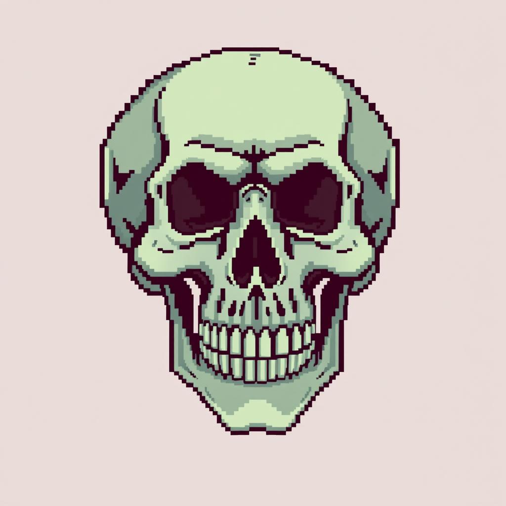A detailed skull in classic 8-bit pixel art style, capturing the retro aesthetic with blocky, vibrant pixels
