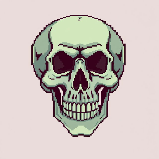 A detailed skull in classic 8-bit pixel art style, capturing the retro aesthetic with blocky, vibrant pixels