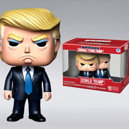 Funko Pop style caricature of a sad Donald Trump in his signature suit and tie.