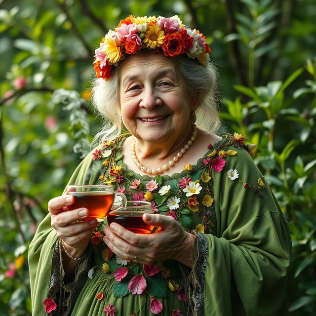 A wise and serene Mother Nature depicted as a plus-size elderly woman with a kind and gentle face, showcasing her natural beauty with wrinkles that tell stories of age and wisdom