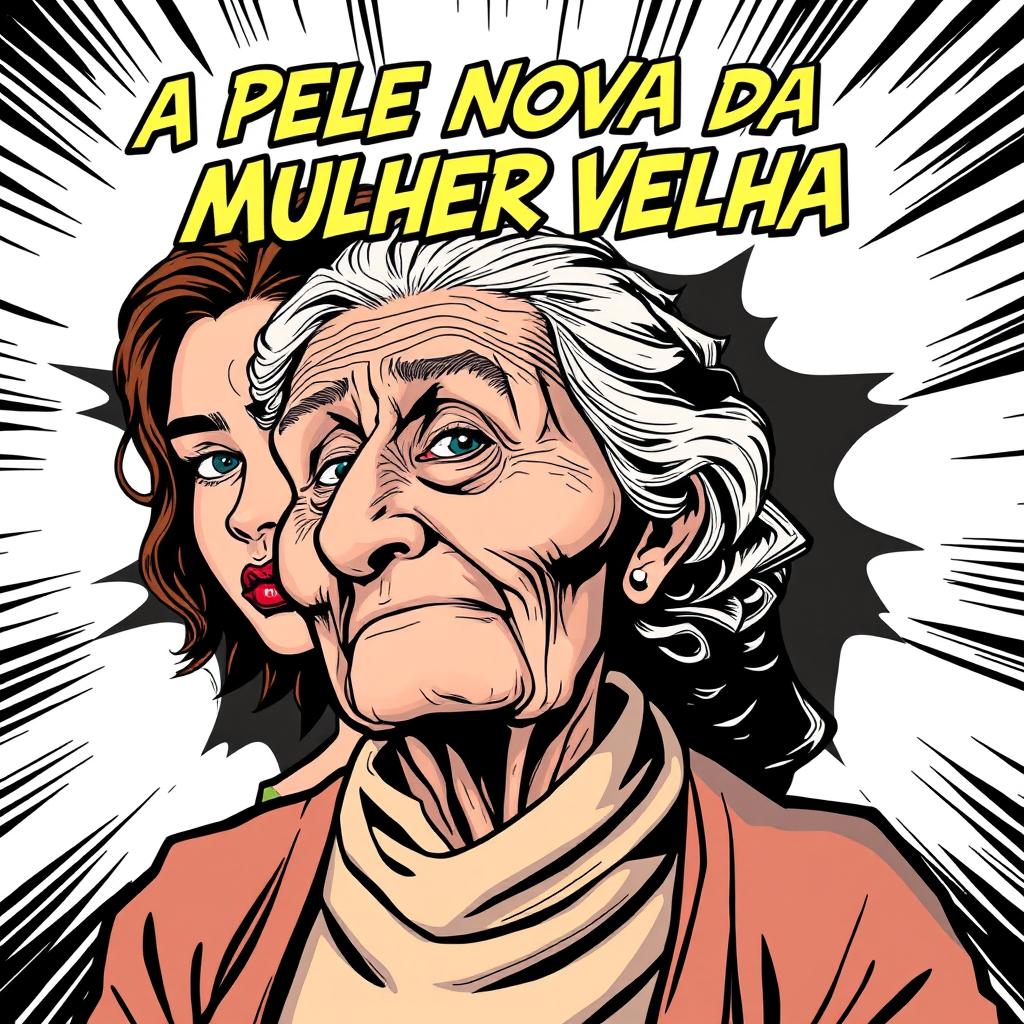 A comic book style illustration featuring an elderly woman in the foreground with expressive lines and exaggerated features capturing her age and wisdom