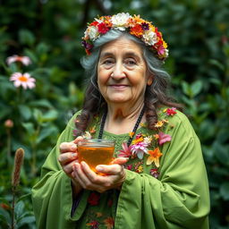 A wise and serene Mother Nature depicted as a plus-size elderly woman with a kind and gentle face, showcasing her natural beauty with wrinkles that tell stories of age and wisdom