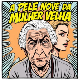 A comic book style illustration featuring an elderly woman in the foreground with expressive lines and exaggerated features capturing her age and wisdom