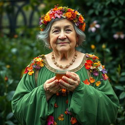 A wise and serene Mother Nature depicted as a plus-size elderly woman with a kind and gentle face, showcasing her natural beauty with wrinkles that tell stories of age and wisdom