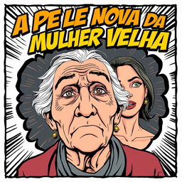 A comic book style illustration featuring an elderly woman in the foreground with expressive lines and exaggerated features capturing her age and wisdom