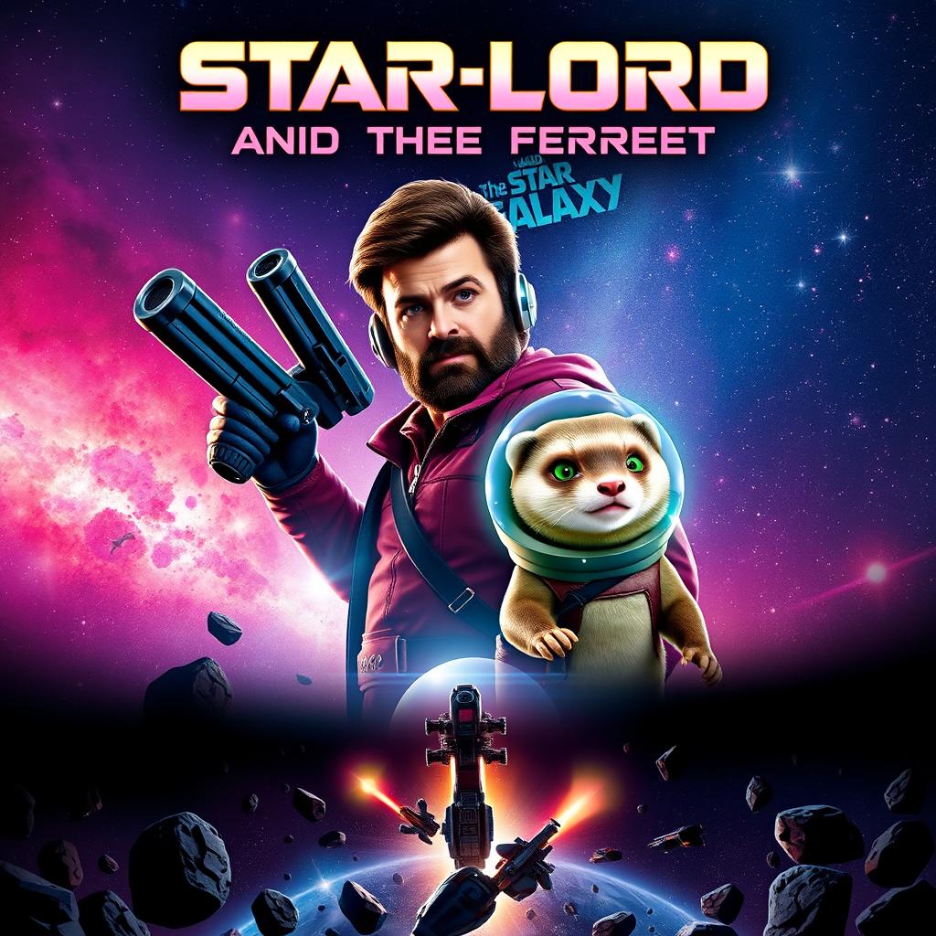 A dynamic and adventurous movie poster for "Star-Lord and the Ferret of the Galaxy"