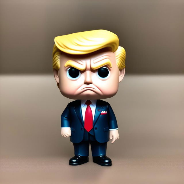 Funko Pop style caricature of a sad Donald Trump in his signature suit and tie.