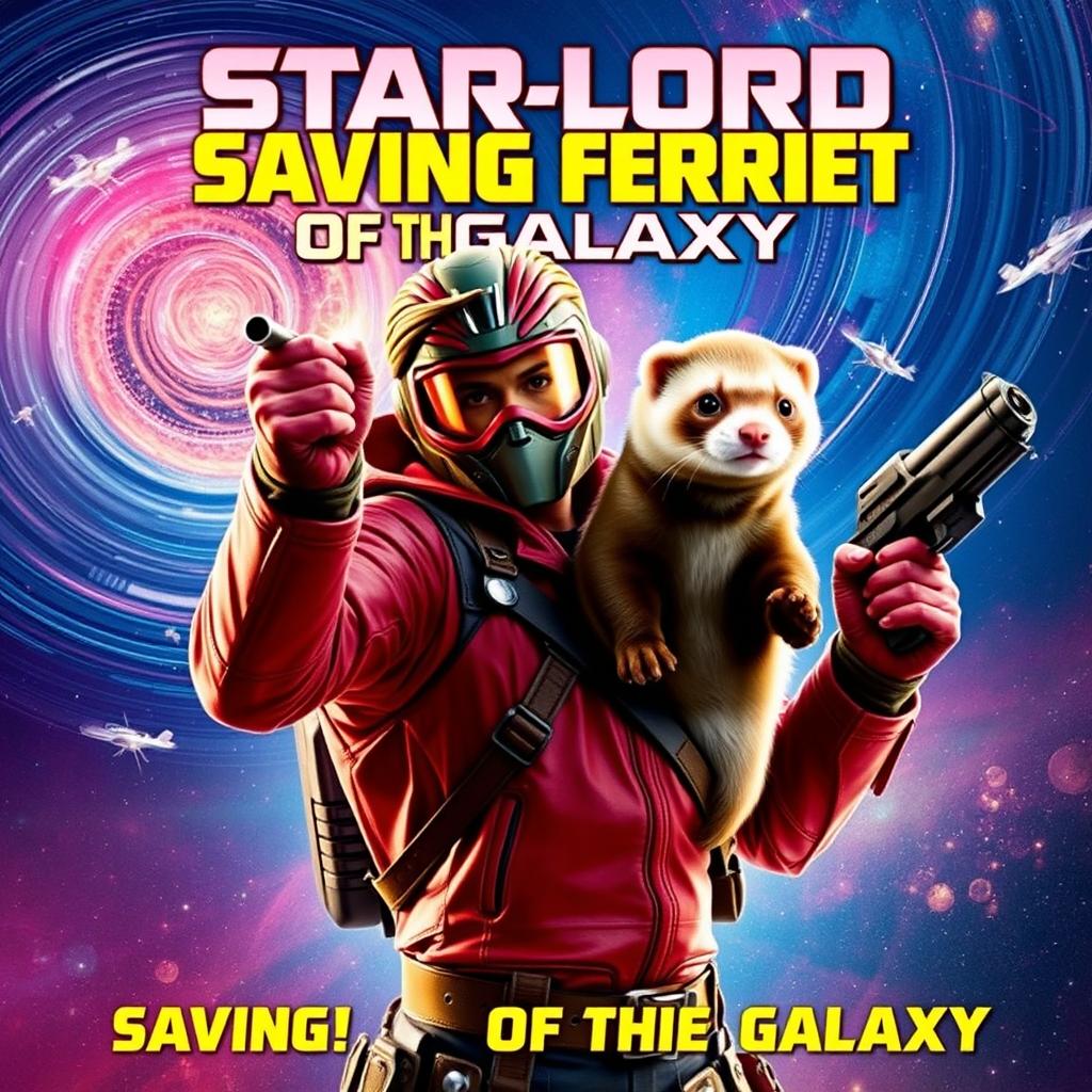 A dynamic and action-packed movie poster titled "Star-Lord Saving Ferret of the Galaxy"