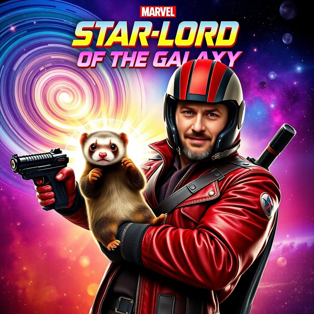 A dynamic and action-packed movie poster titled "Star-Lord Saving Ferret of the Galaxy"