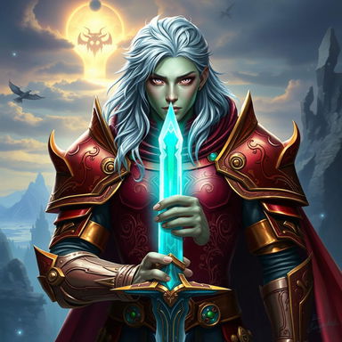 A striking asimar variant with silver hair, emerald skin, and gray eyes