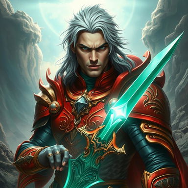 A striking adult male asimar variant with silver hair, emerald skin, and gray eyes, displaying an angry expression