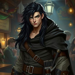 A Dungeons & Dragons character featuring a human male rogue with jet-black hair and long, flowing locks